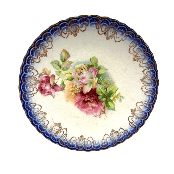 Antique Sterling China Blooming Roses 6" Bread Plate HAND PAINTED Roses - Picture 1 of 7